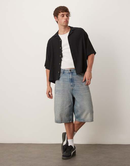 ASOS DESIGN boxy oversized revere linen blend shirt in black