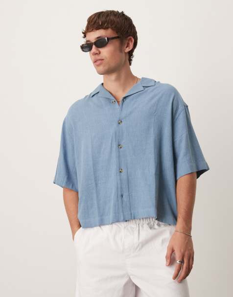 ASOS DESIGN boxy oversized camp collar linen blend shirt in blue - view 1