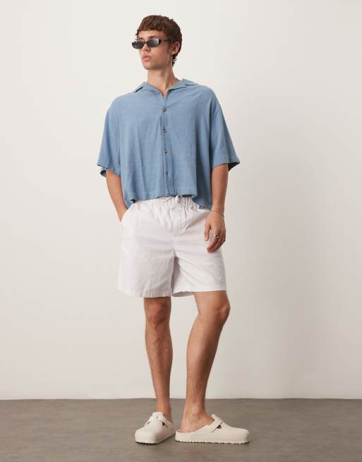 ASOS DESIGN boxy oversized camp collar linen blend shirt in blue, 3 of 4