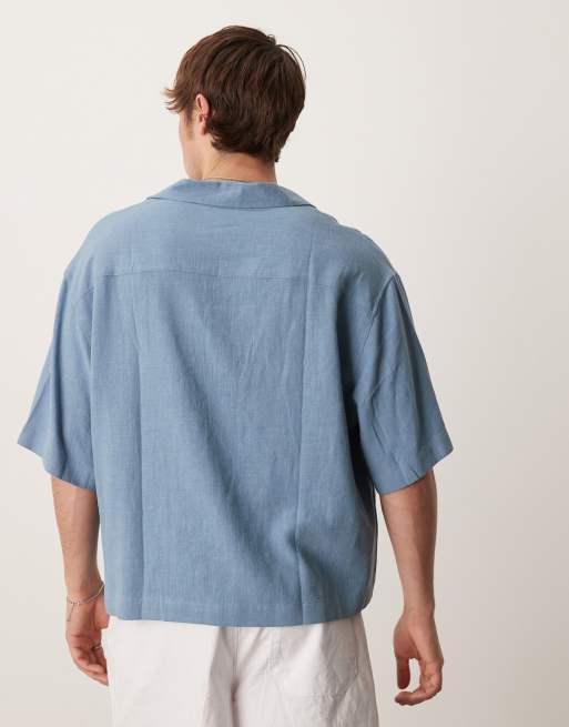 ASOS DESIGN boxy oversized camp collar linen blend shirt in blue, 4 of 4