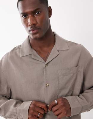 ASOS DESIGN boxy oversized camp collar linen blend shirt in light brown light brown 10590₽