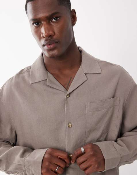 ASOS DESIGN boxy oversized camp collar linen blend shirt in light brown - part of a set - view 1