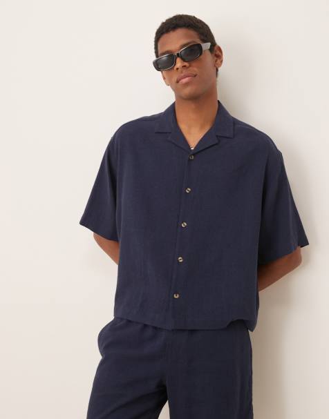 ASOS DESIGN boxy oversized camp collar linen blend shirt in navy - part of a set - view 1