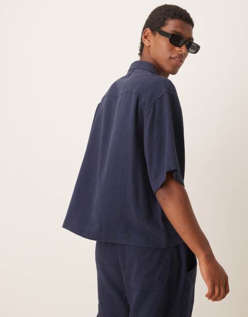 ASOS DESIGN boxy oversized camp collar linen blend shirt in navy - part of a set, 3 of 4