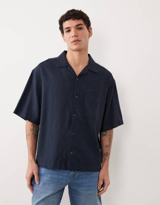 ASOS DESIGN boxy oversized camp collar linen blend shirt in navy navy 9690₽
