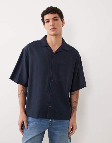 ASOS DESIGN boxy oversized camp collar linen blend shirt in navy - part of a set - view 1