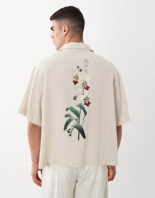 ASOS DESIGN boxy oversized camp collar linen blend shirt with floral placement print in beige beige 9690₽