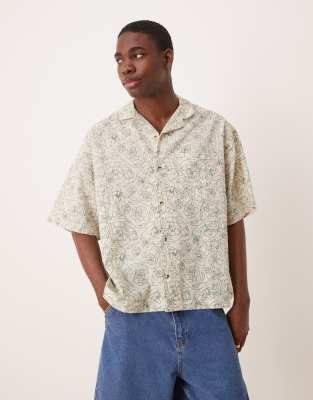 Asos Design Boxy Oversized Camp Collar Linen Blend Shirt With Floral Print In Neutral