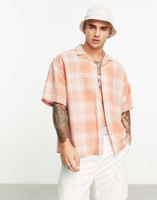 ASOS DESIGN boxy oversized camp collar linen mix plaid shirt in orange ...