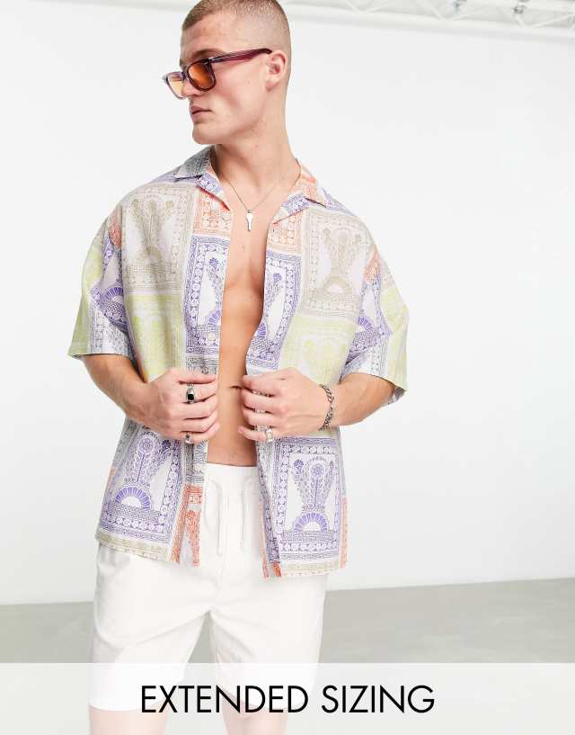 ASOS DESIGN boxy oversized camp collar linen mix shirt with postcard print