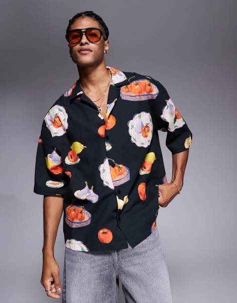 ASOS DESIGN boxy oversized camp collar printed shirt in black - view 1