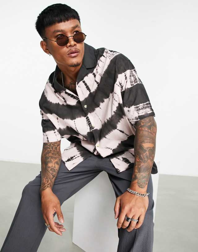 ASOS DESIGN boxy oversized camp collar shirt in brown linen look tie dye