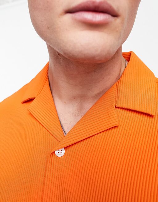 ASOS DESIGN boxy oversized camp collar shirt in chunky stretch rib in orange