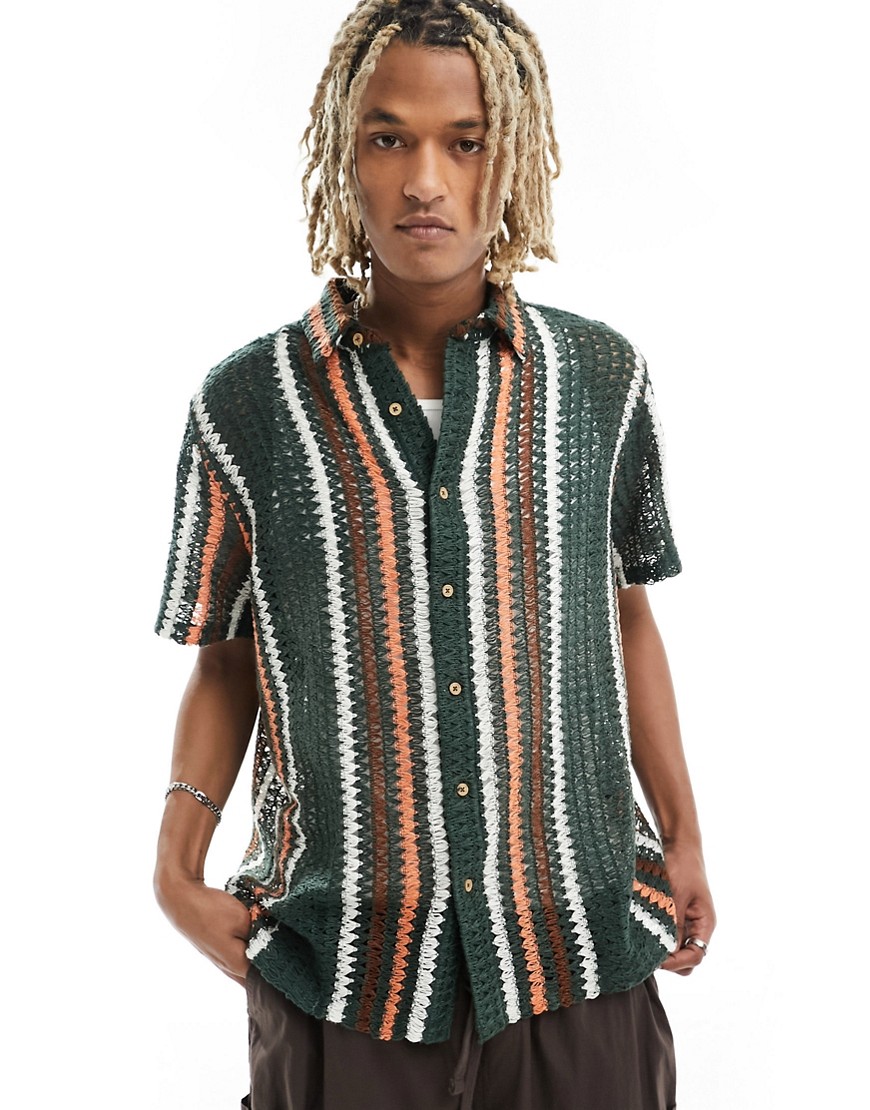 Asos Design Boxy Oversized Camp Collar Shirt In Crochet Stripe-green