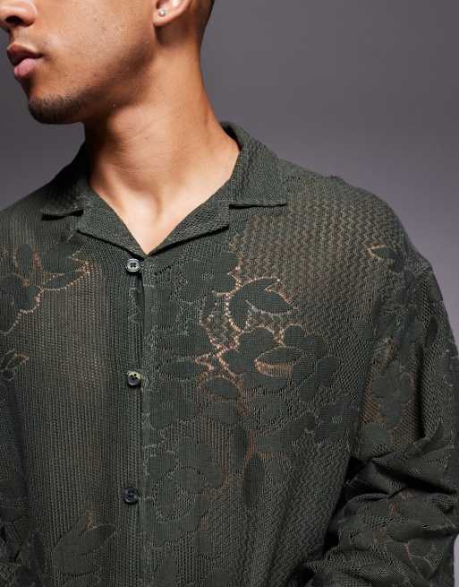 ASOS DESIGN boxy oversized camp collar shirt in green floral lace, 2 of 4