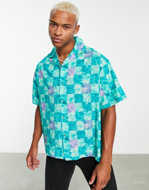 ASOS DESIGN boxy oversized camp collar shirt in green grid checkerboard ...