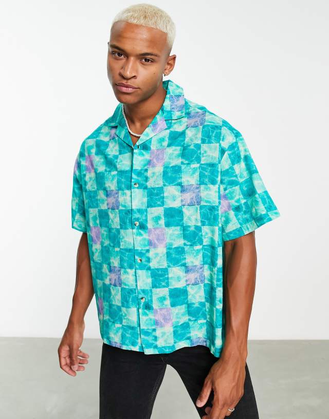 ASOS DESIGN boxy oversized camp collar shirt in green grid checkerboard