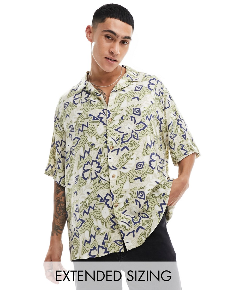 Asos Design Boxy Oversized Camp Collar Shirt In Vintage Hawaiian Print-green