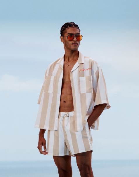 ASOS DESIGN boxy oversized camp collar shirt in white and stone stripe with embroidery - part of a set - view 1
