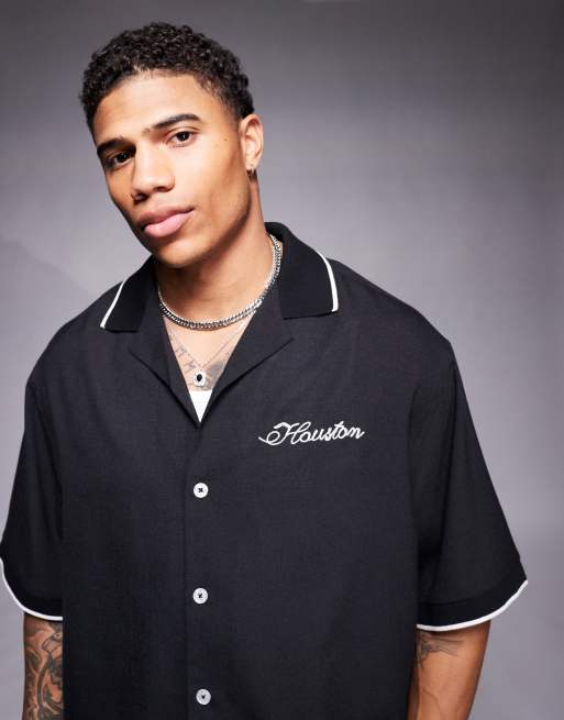 ASOS DESIGN boxy oversized camp collar shirt with chest chain embroidery in black