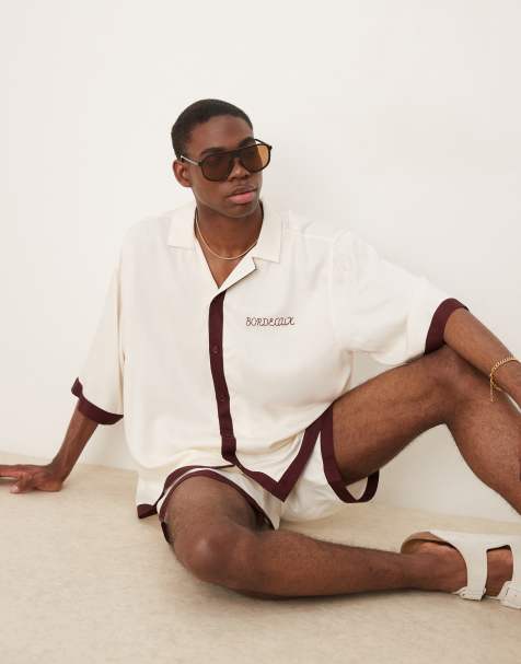 ASOS DESIGN boxy oversized camp collar shirt with chest embroidery in beige - part of a set - view 1