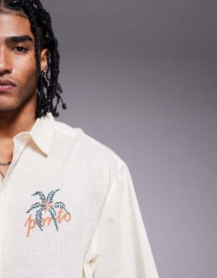 Asos Design Boxy Oversized Camp Collar Shirt With Chest Print In White