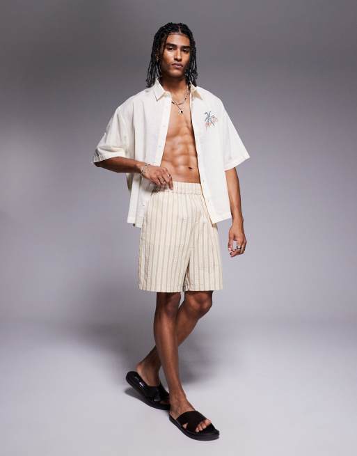ASOS DESIGN boxy oversized camp collar shirt with chest print in stone