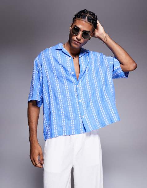 ASOS DESIGN boxy oversized camp collar shirt with floral jacquard in blue - view 1