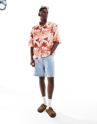 Asos Design Boxy Oversized Camp Collar Shirt With Floral Print In Pink