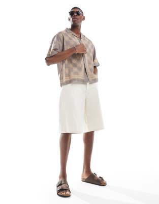 Asos Design Boxy Oversized Camp Collar Shirt With Print In Gray