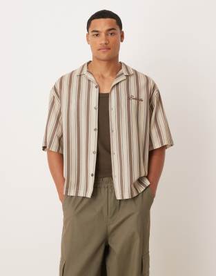 Asos Design Boxy Oversized Camp Collar Striped Shirt With Chest Embroidery In Multi
