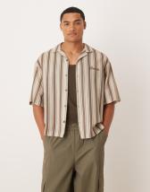 ASOS DESIGN boxy revere seersucker shirt in stone | ASOS