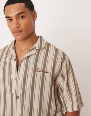 Asos Design Boxy Oversized Camp Collar Striped Shirt With Chest Embroidery In Multi