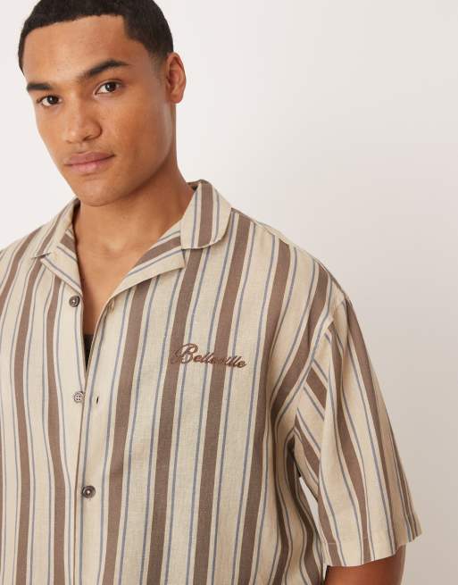 ASOS DESIGN boxy oversized camp collar striped shirt with chest embroidery in brown
