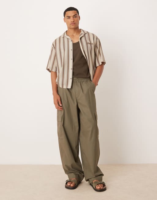 ASOS DESIGN boxy oversized camp collar striped shirt with chest embroidery in brown