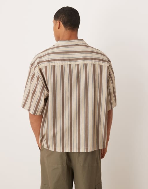 ASOS DESIGN boxy oversized camp collar striped shirt with chest embroidery in brown