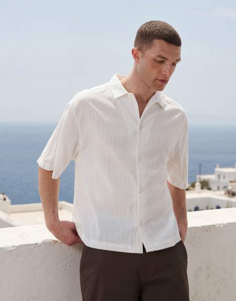 ASOS DESIGN boxy oversized camp collar textured shirt in white - view 1