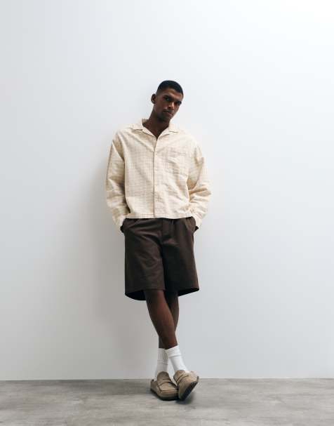 ASOS DESIGN boxy oversized check revere shirt in beige - view 1