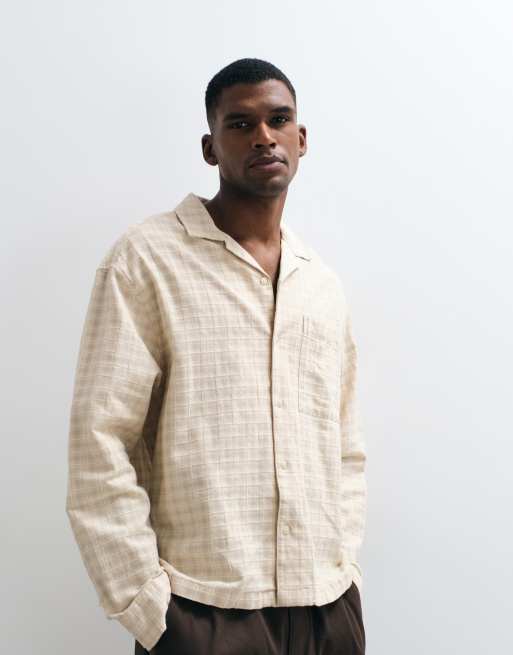 ASOS DESIGN boxy oversized check revere shirt in beige, 2 of 5