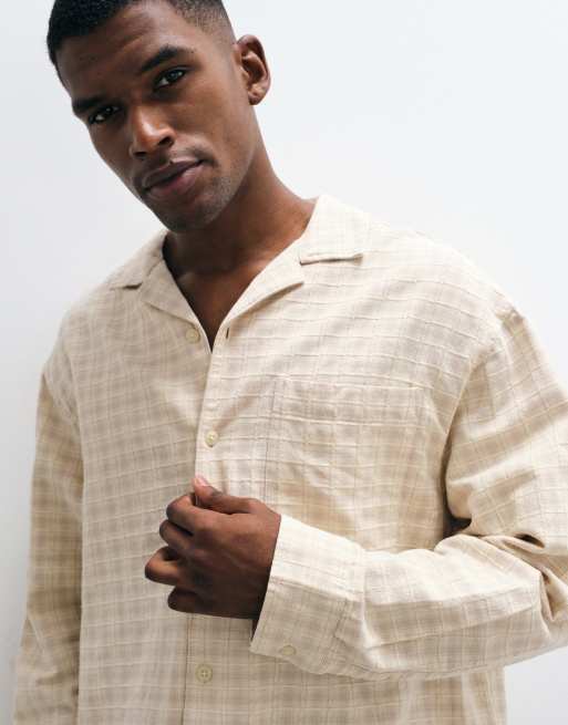 ASOS DESIGN boxy oversized check revere shirt in beige, 3 of 5