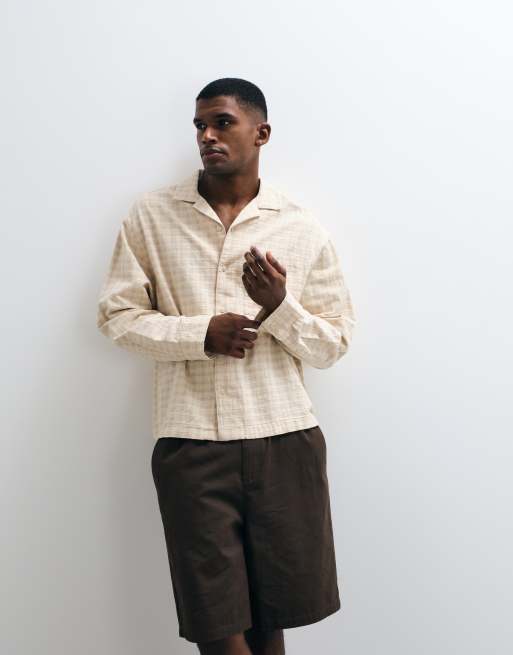 ASOS DESIGN boxy oversized check revere shirt in beige, 5 of 5