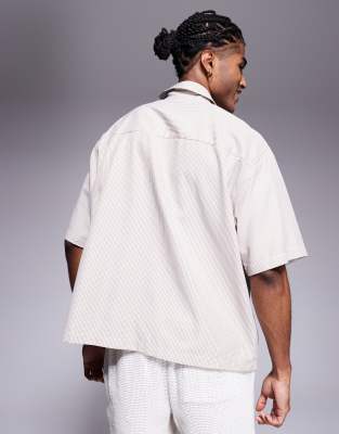 ASOS DESIGN boxy oversized check shirt with chest embroidery in beige