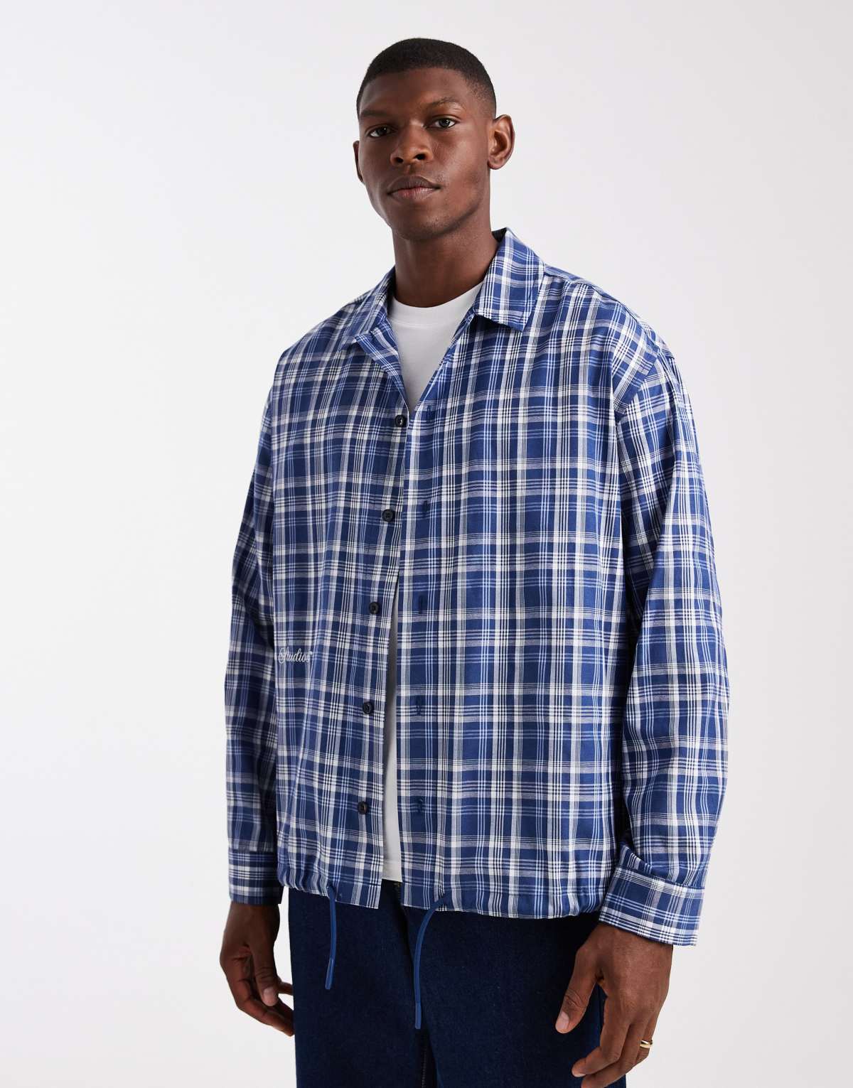 ASOS DESIGN boxy oversized check shirt with embroidery in blue