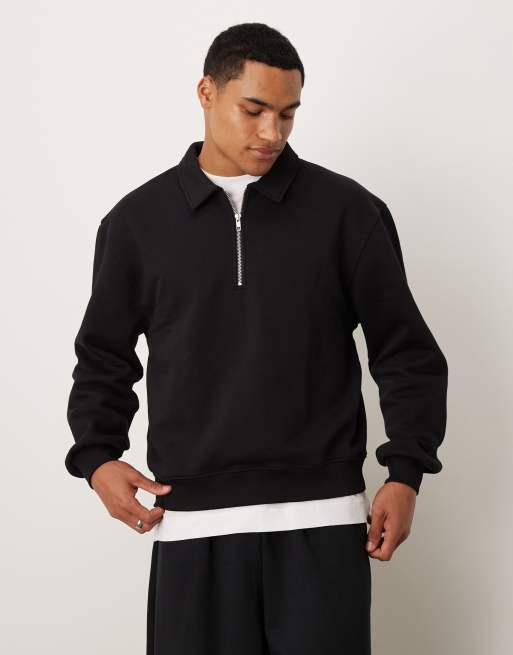 ASOS DESIGN boxy oversized collared sweatshirt with zip in black