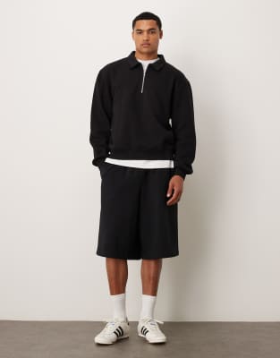 Asos Design Boxy Oversized Quarter Zip Sweatshirt With Collar In Black