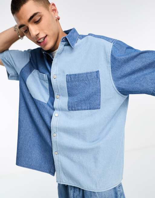 ASOS DESIGN boxy oversized colourblock denim shirt in blue wash | ASOS