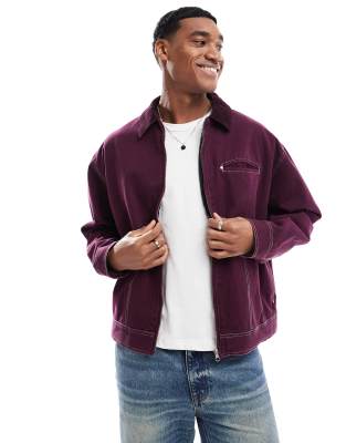 ASOS DESIGN ASOS DESIGN boxy oversized cord collar harrington jacket with contrast stitch in burgundy-Red