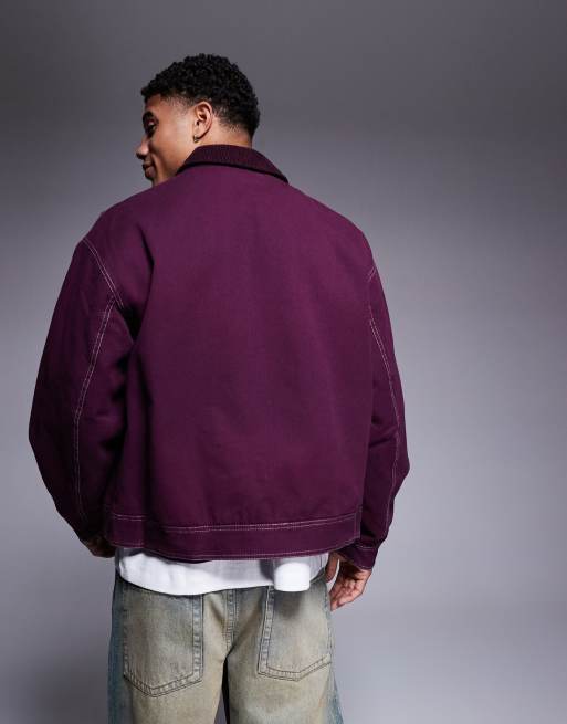 ASOS DESIGN boxy oversized cord collar harrington jacket with contrast stitch in burgundy, 3 of 4
