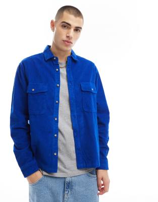 ASOS DESIGN boxy oversized cord overshirt in cobalt blue