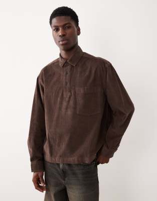 ASOS DESIGN boxy oversized cord rugby shirt in brown | ASOS